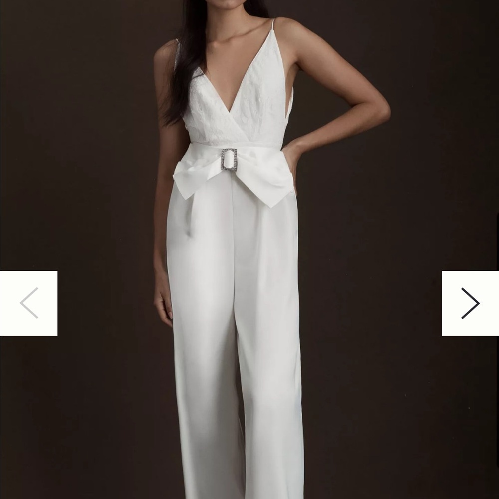 NEW • Ronny Kobo Nole Deep-V Belted Wide-Leg Jumpsuit • size L • bridal • anthro